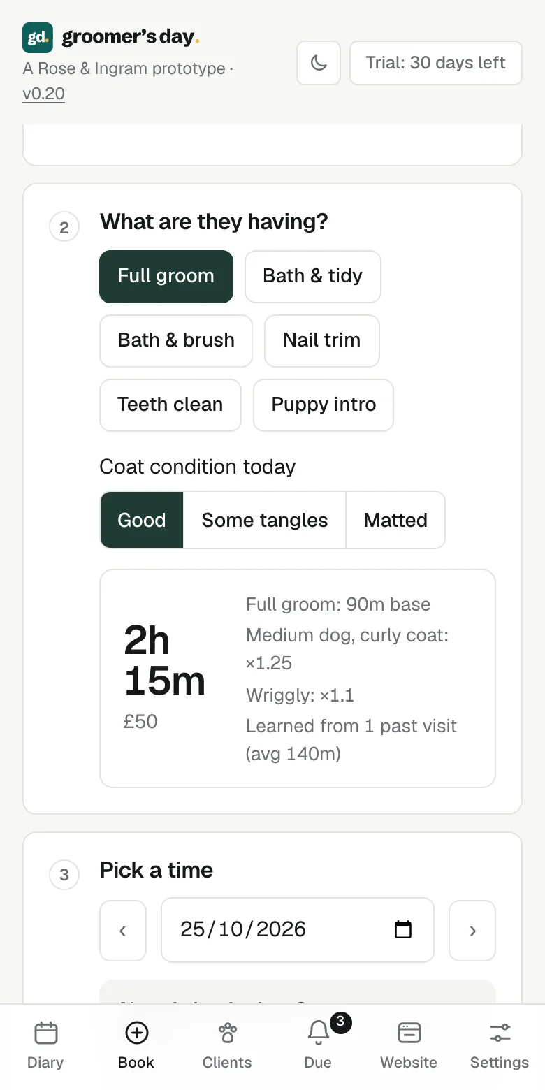 Booking a dog in, with an estimated time of 2 hours 15 minutes and the price
